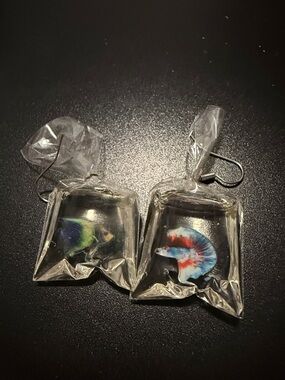 Novelty Fish Bag Earrings – Clear Plastic with Multicolor Fish Accent